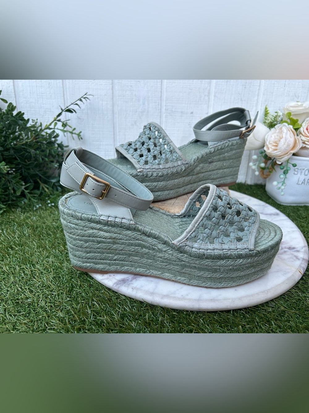 TORY BURCH Stylish Woven Platform Sandals -  Espadrille Sz 7
Color: Blue Celadon